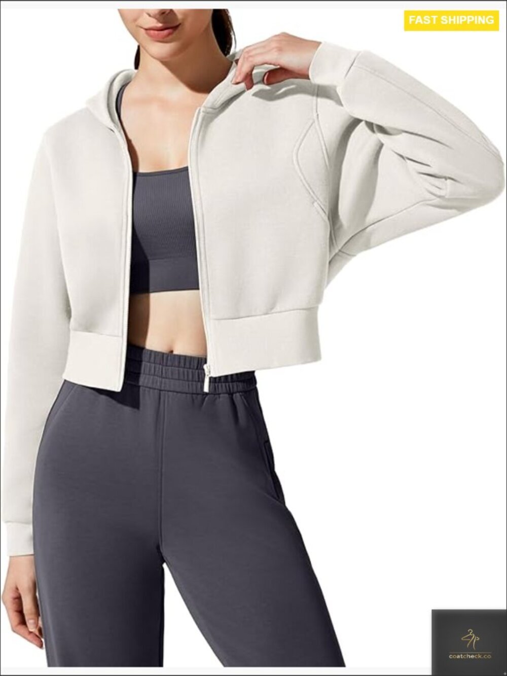 Cropped Fleece Lined Zip Up Hoodie with Pockets Thermal Sweatshirt